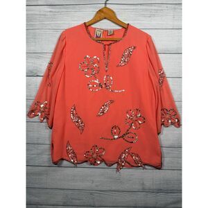 Vintage Original Anthony Women's L Coral Sequin Floral Beaded Top 1235